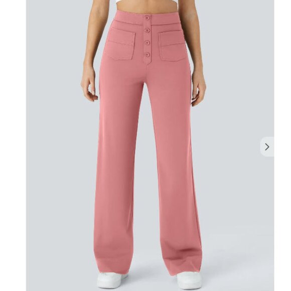 NWT Halara High Waisted Button Multiple Pockets Straight Leg Pink Pants - Picture 1 of 3